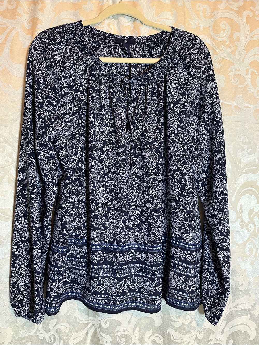 GAP Navy Blue Long Sleeve Floral Tie-Neck Peasant Blouse
